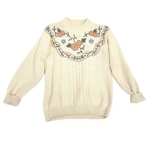 VTG Coastal Grandma Cottage Cream Cable Knit Floral Soft Girl Mock Neck Sweater